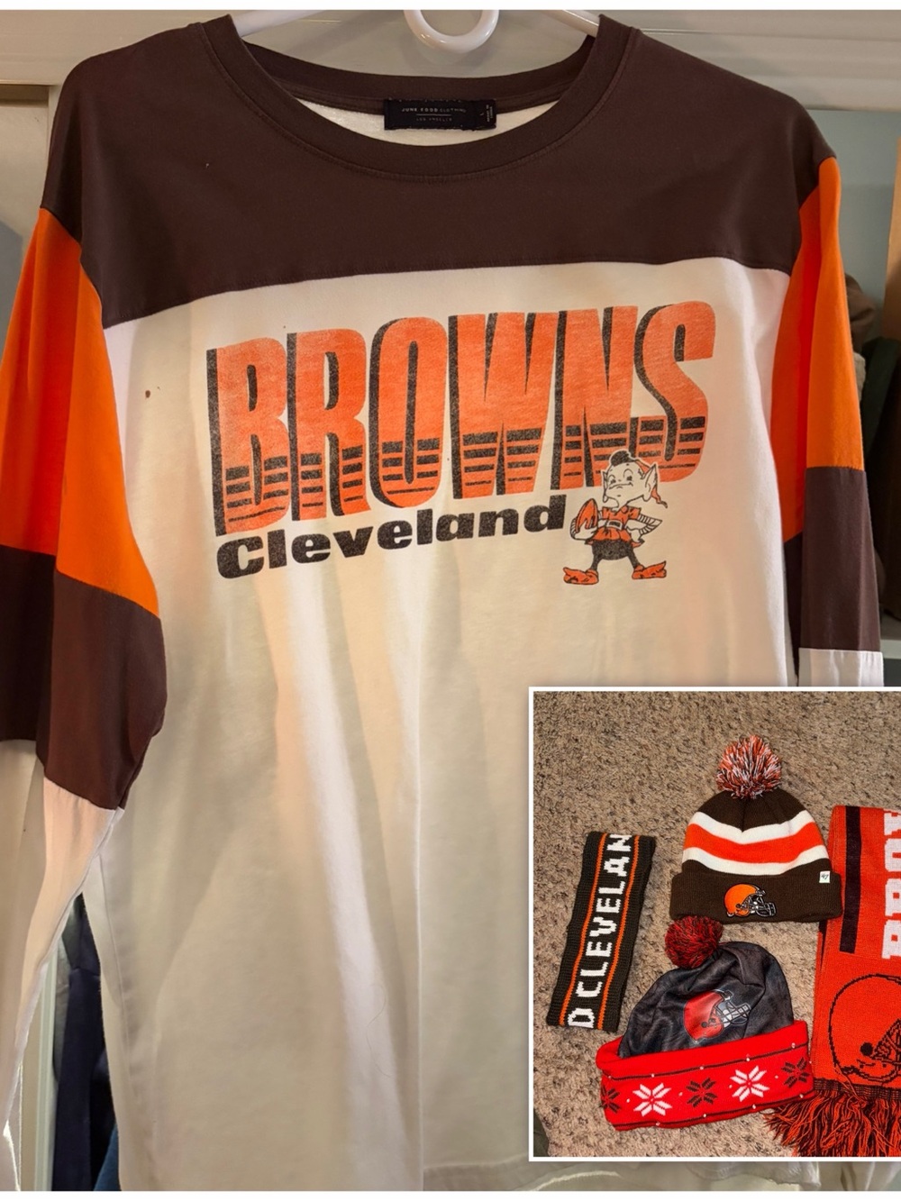 Cleveland Browns Womans Long-Sleeve Colorblock Tee - Orange/Brown/White
